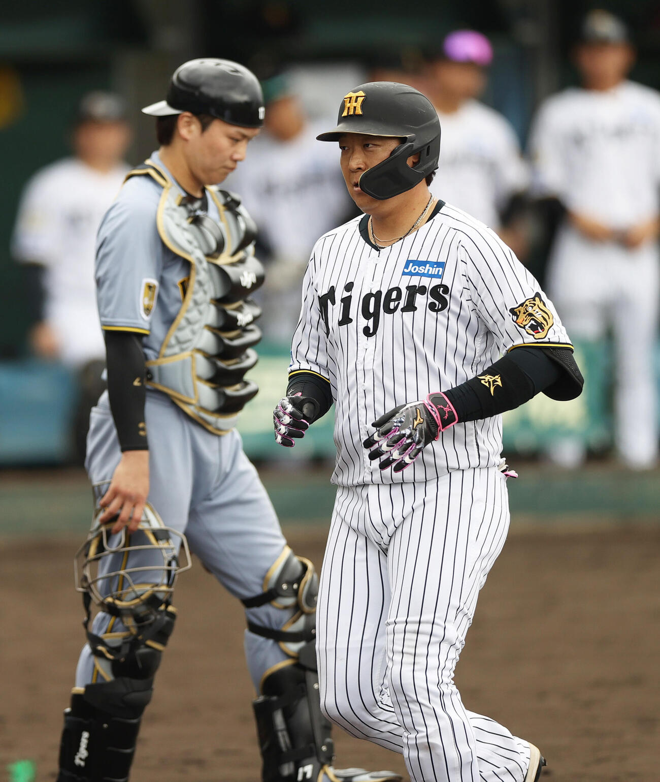 阪神紅白戦　2回裏白組無死、大山（手前）は左越え本塁打を放ち生還する。捕手伏見（撮影・上山淳一）