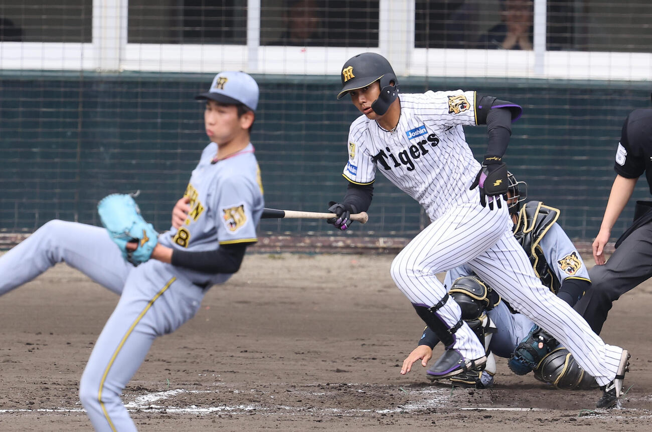 紅組対白組　4回裏白組無死、西純は今朝丸から安打を放つ（撮影・上田博志）