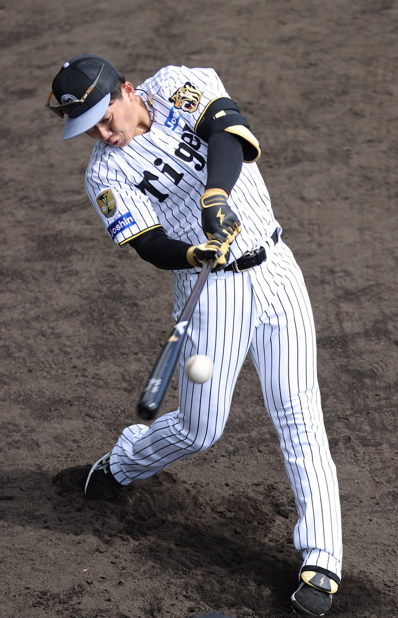 ロング打撃を行う阪神立石（撮影・上山淳一）