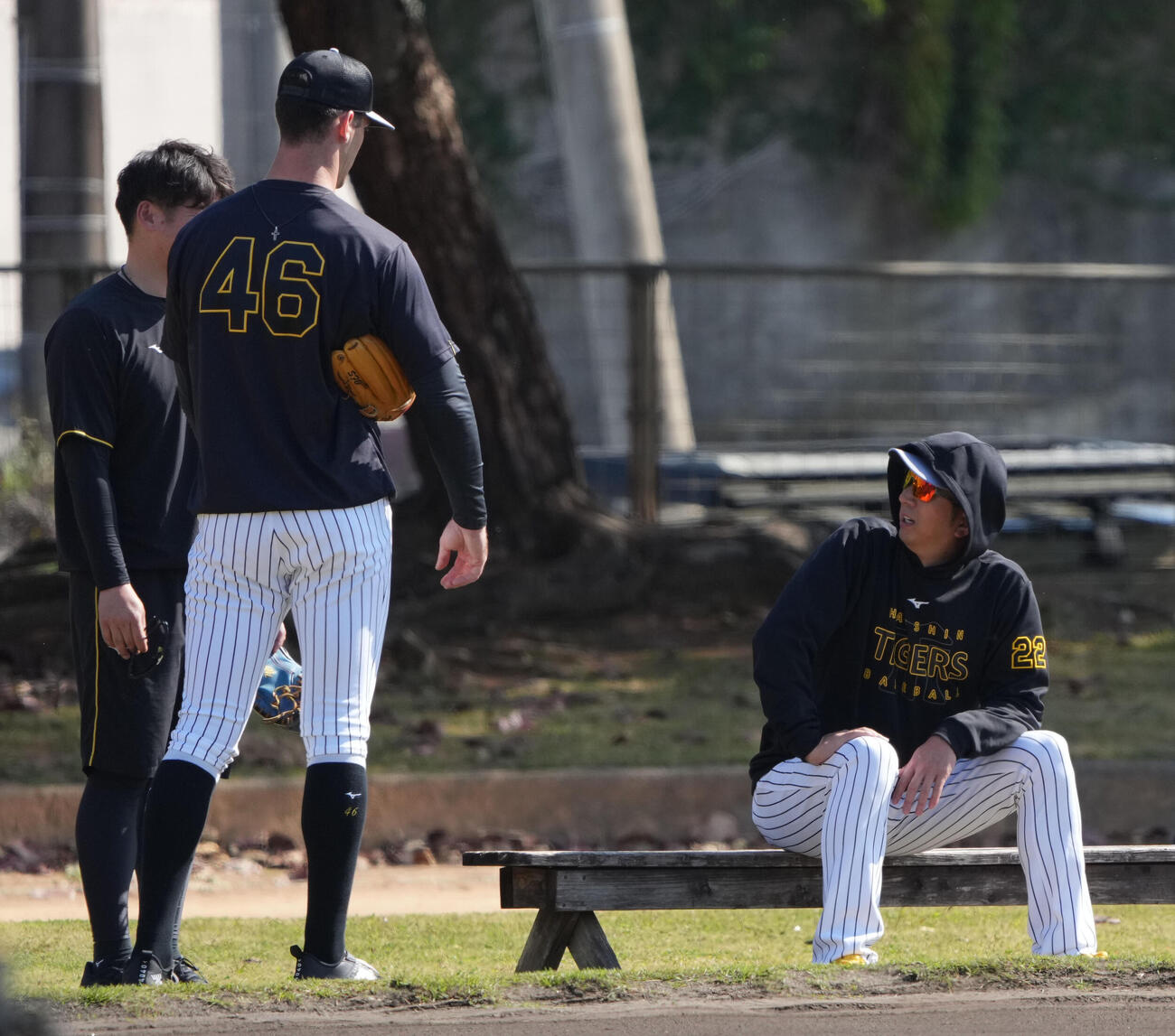 ラグズデール（左から2人目）と言葉を交わす藤川監督（撮影・森本幸一）