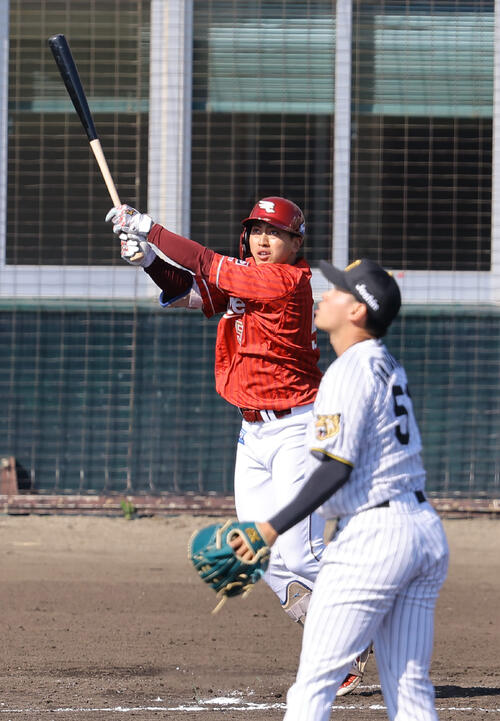 阪神対楽天 6回表楽天2死一、三塁、小郷は逆転3点本塁打を放つ(撮影・上田博志)