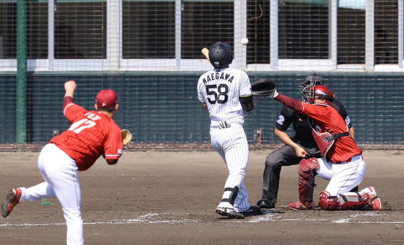 阪神対楽天　3回裏阪神無死、前川は死球を受ける（撮影・上田博志）