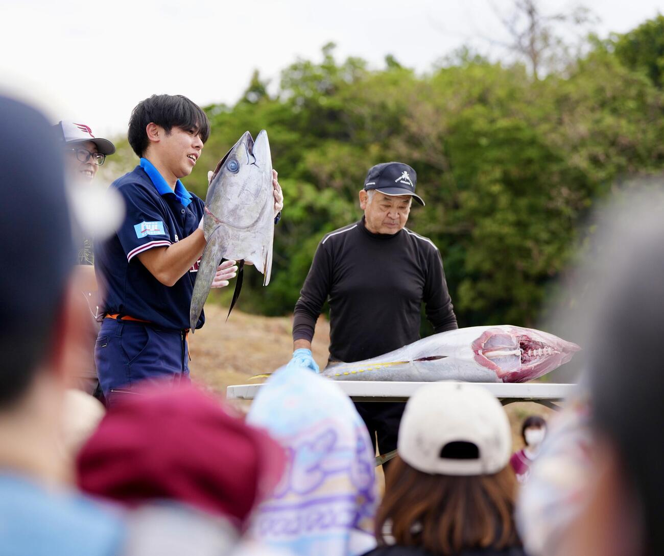 金武町ベースボールスタジアムでは、キハダマグロの解体ショーが行われる（撮影・江口和貴）