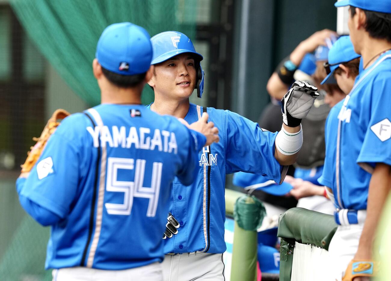楽天対日本ハム　1回表終了後、チームメートとタッチを交わす郡司（撮影・江口和貴）