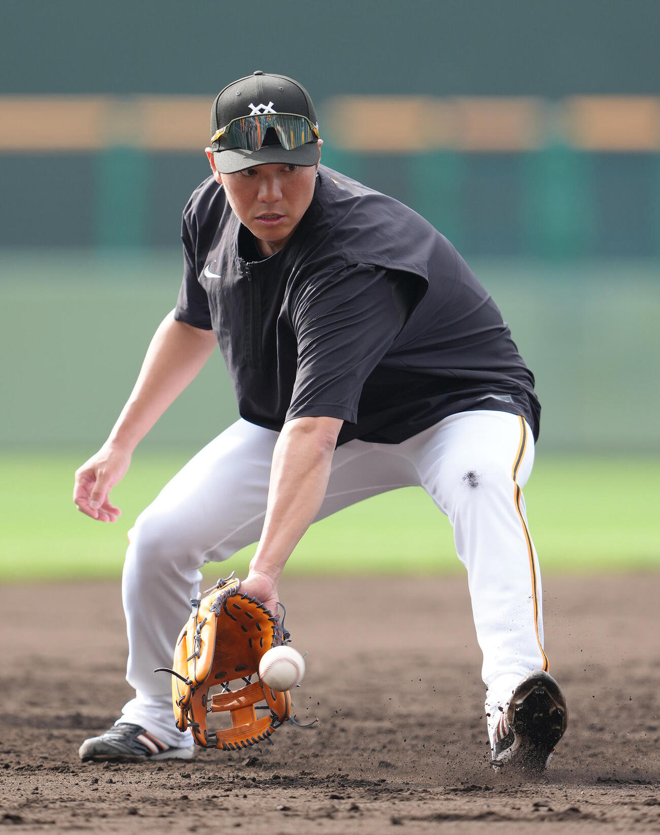 ノックを受ける巨人坂本勇（撮影・足立雅史）
