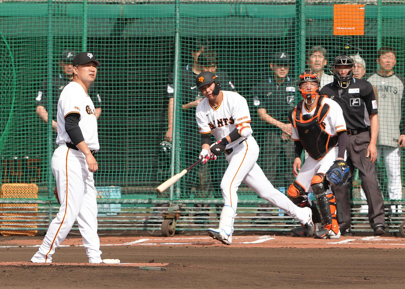 ライブBPに登板した巨人田中将（左）。打者坂本勇（撮影・足立雅史）