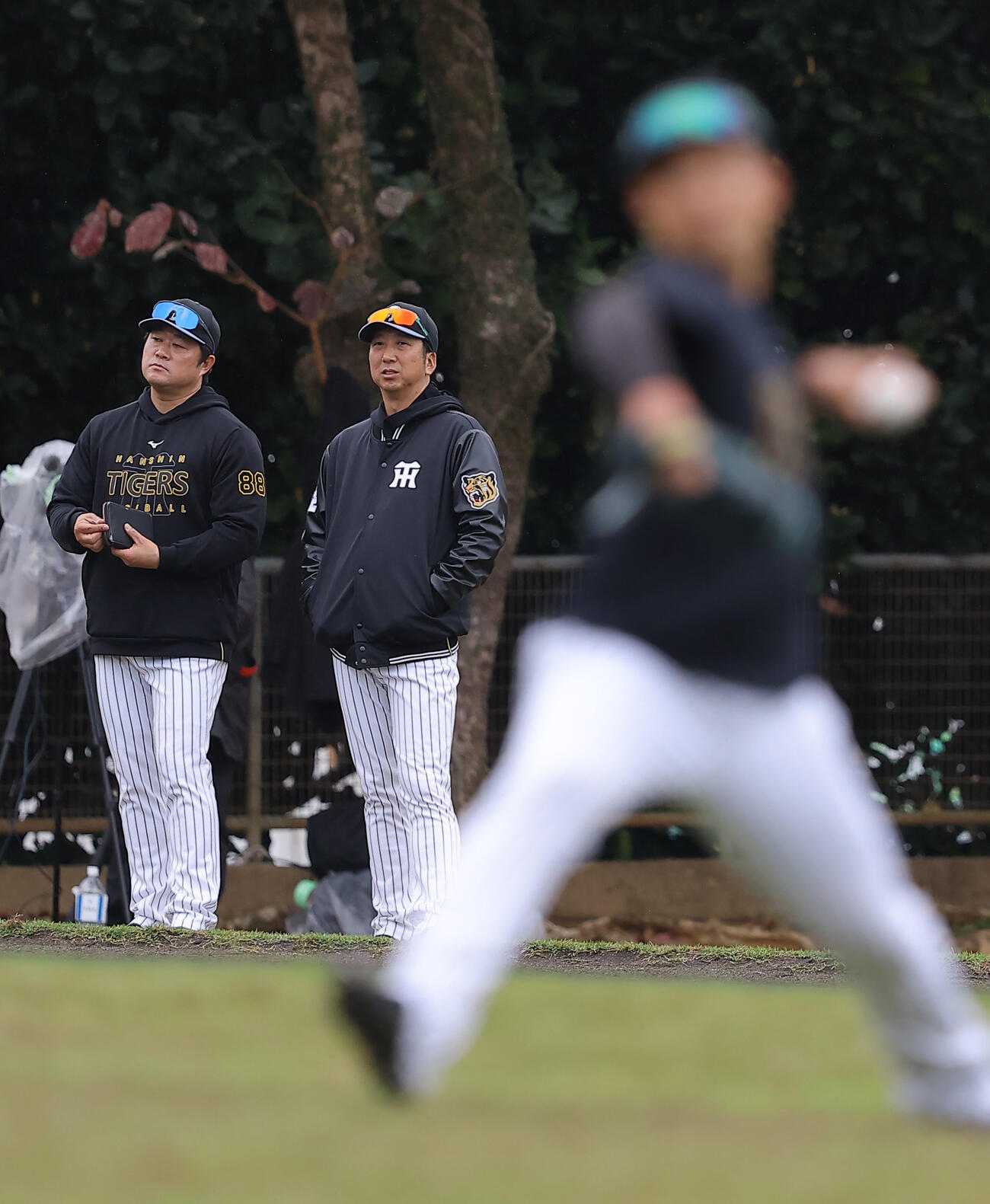 投手陣のキャッチボールを見守る藤川監督（中央）と安藤コーチ（撮影・上田博志）