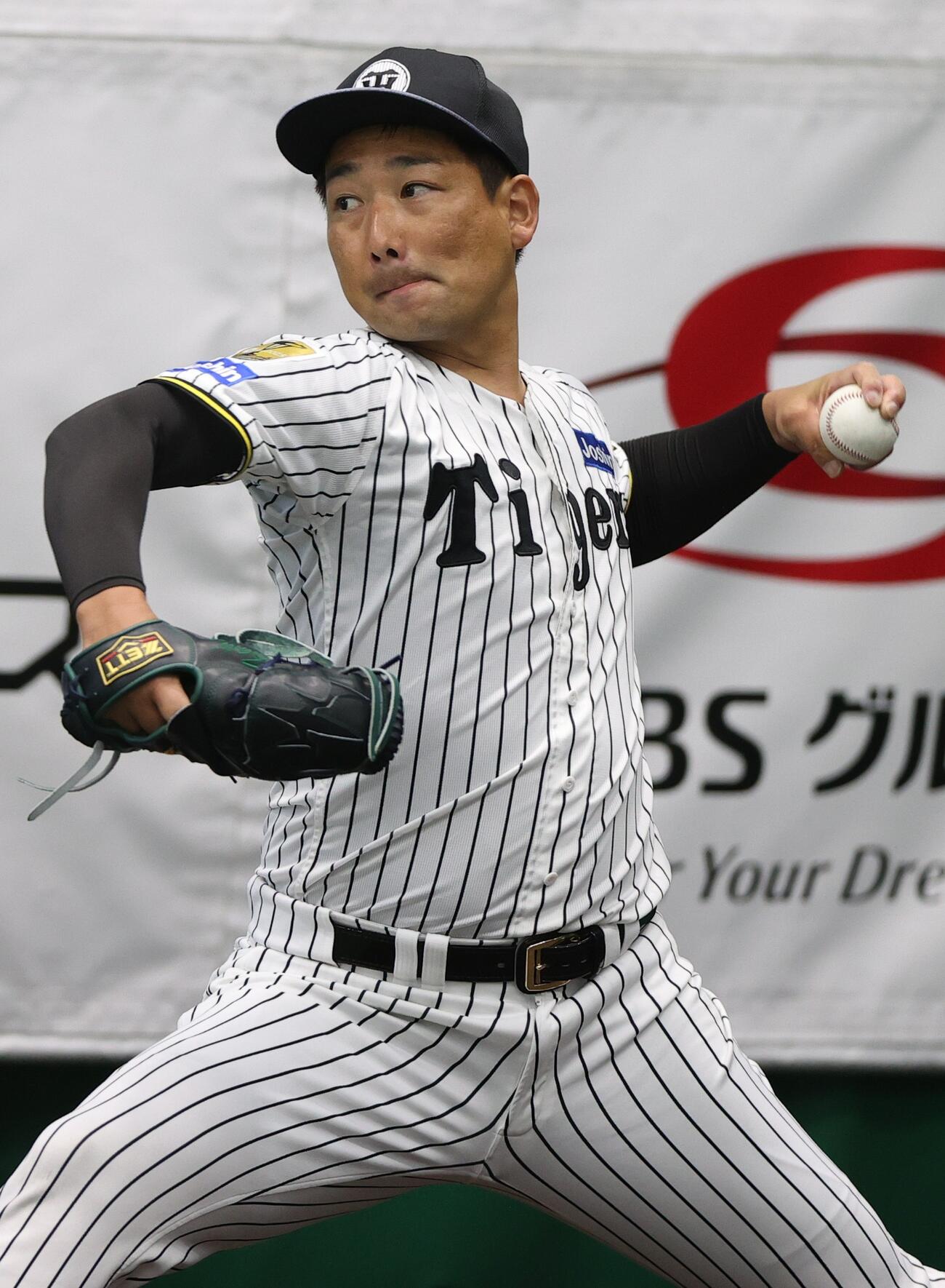 ブルペンで投げ込む阪神岩崎（撮影・上山淳一）