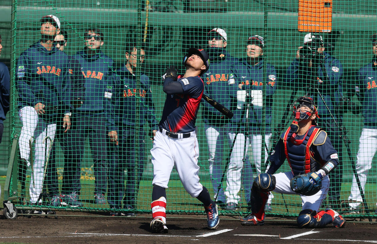 ライブBPで内野へ飛球を打ち上げた侍ジャパン佐藤（撮影・加藤哉）