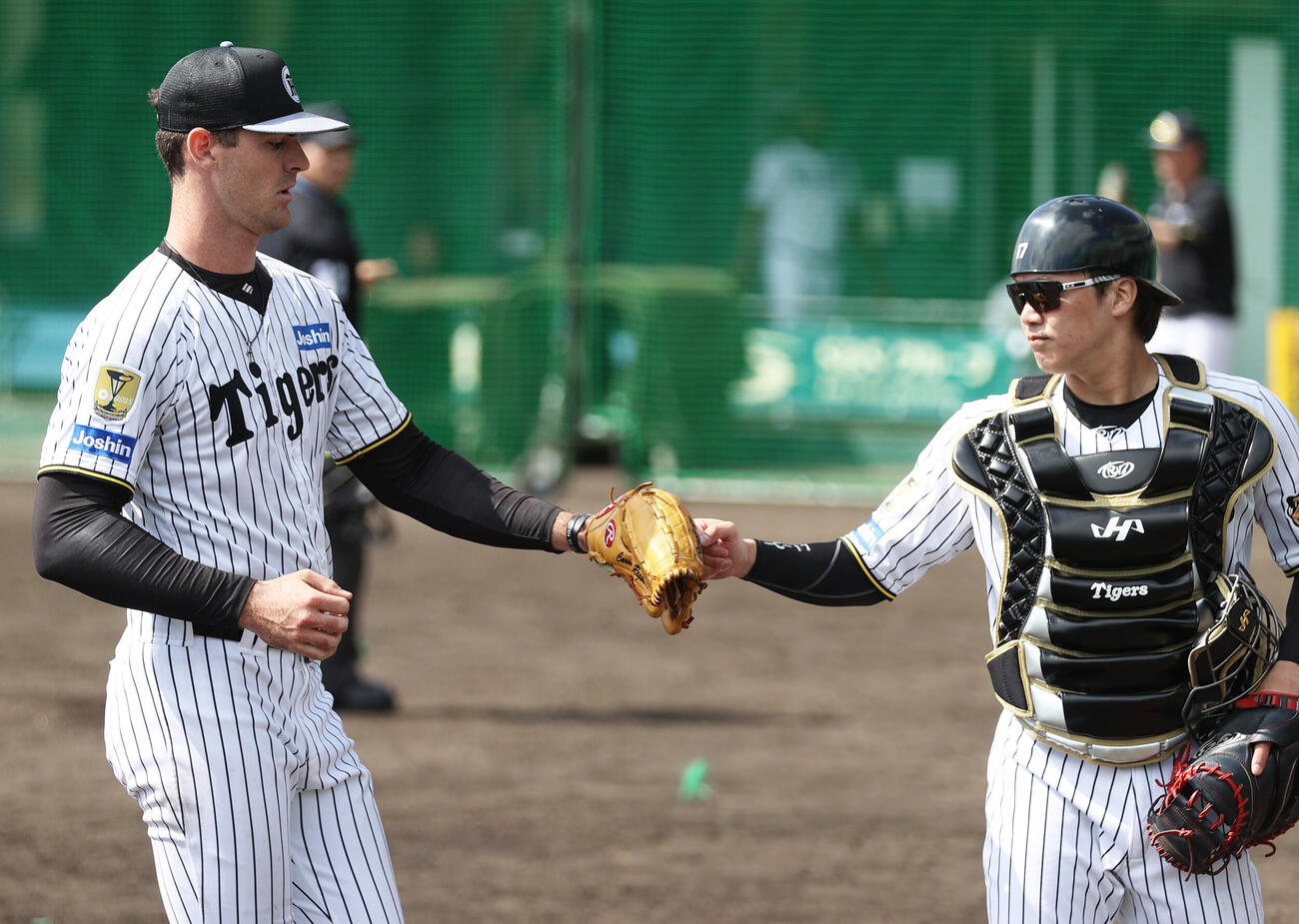 シート打撃の登板を終えた阪神ラグズデールはベンチ前で捕手伏見とタッチをかわす（撮影・上山淳一）