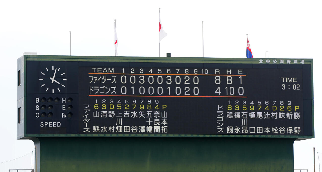練習試合、中日－日本ハム戦のスコアボード（撮影・江口和貴）
