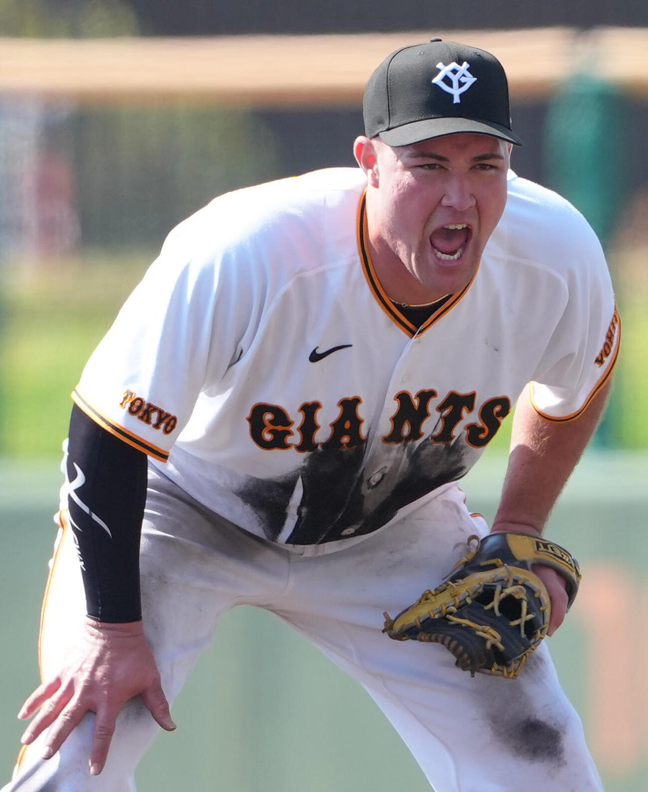 大きな声を出しながら内野ノックを受ける巨人リチャード（撮影・足立雅史）