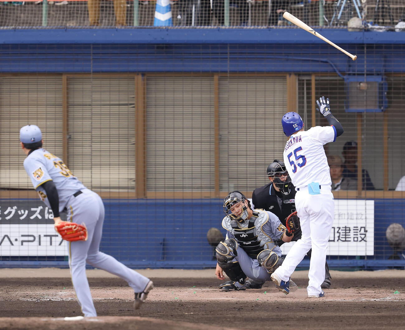 中日対阪神　4回裏中日無死、細川は才木から死球を受ける（撮影・上田博志）
