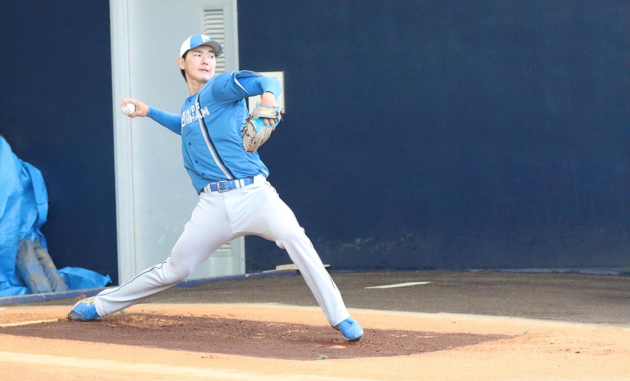 ブルペン投球に励む日本ハム浅利（撮影・永野高輔）