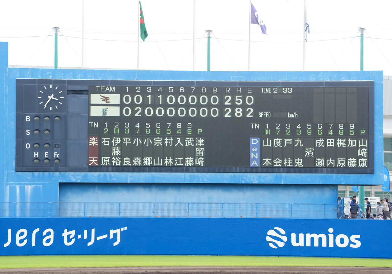 オープン戦、DeNA－楽天戦のスコアボード（撮影・江口和貴）