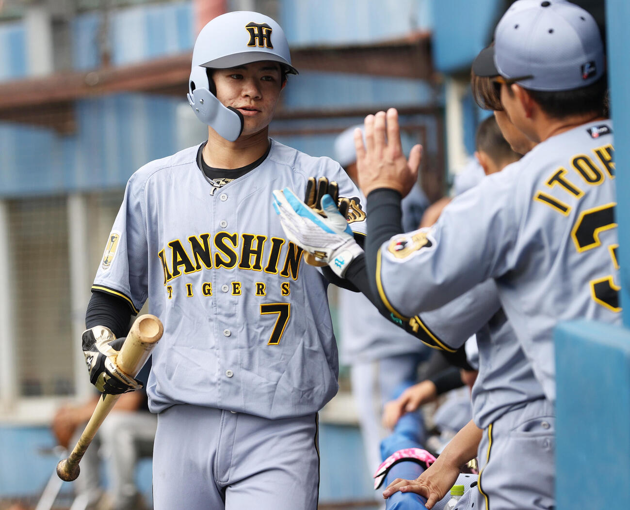 オープン戦　ヤクルト対阪神　5回表阪神1死一、三塁、三走中野（左）は前川の中前適時打で生還し祝福を受ける（撮影・上山淳一）