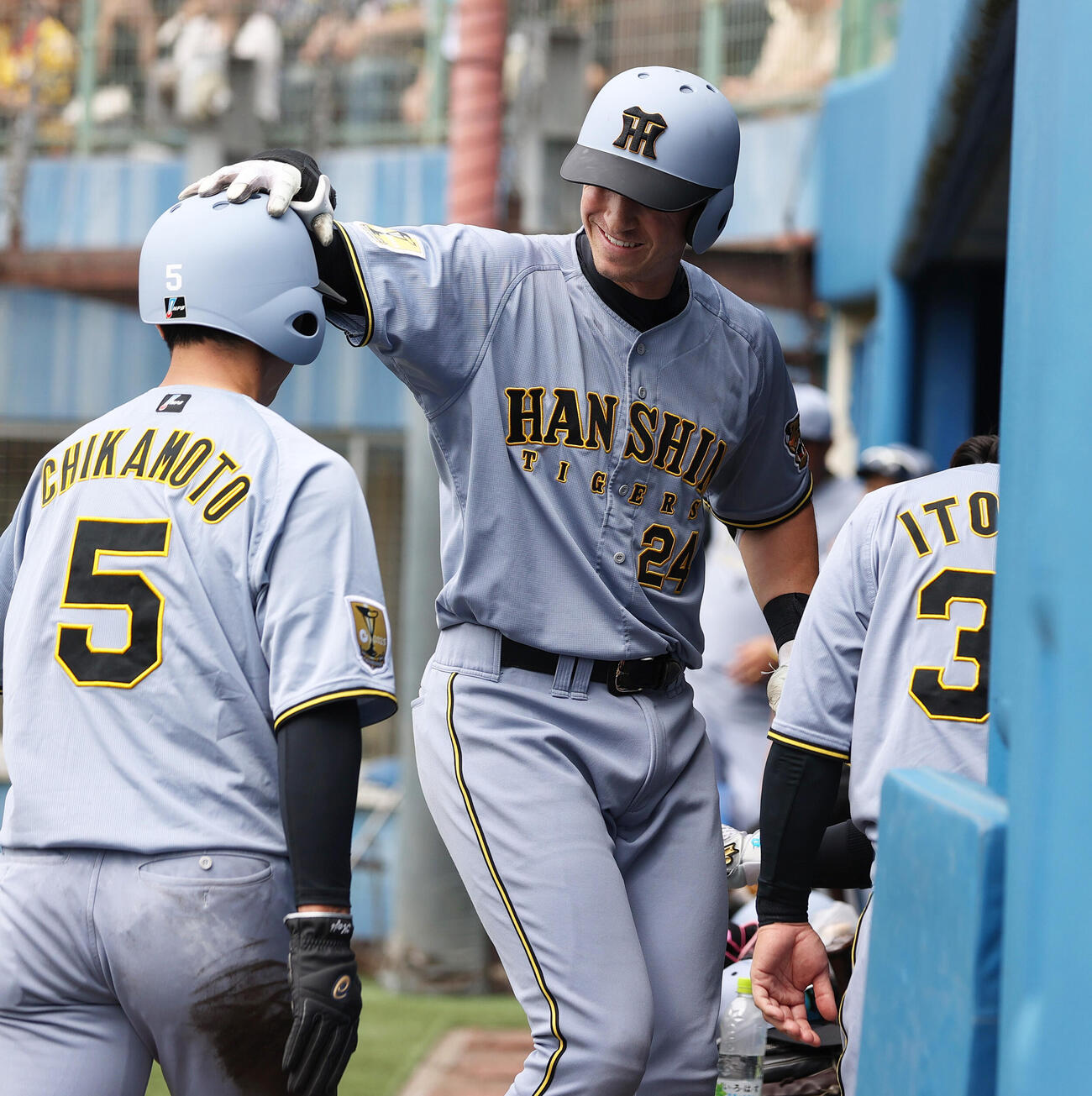 オープン戦　ヤクルト対阪神　5回表阪神無死満塁、ディベイニー（右）は右犠飛で生還した三走近本を祝福する（撮影・上山淳一）