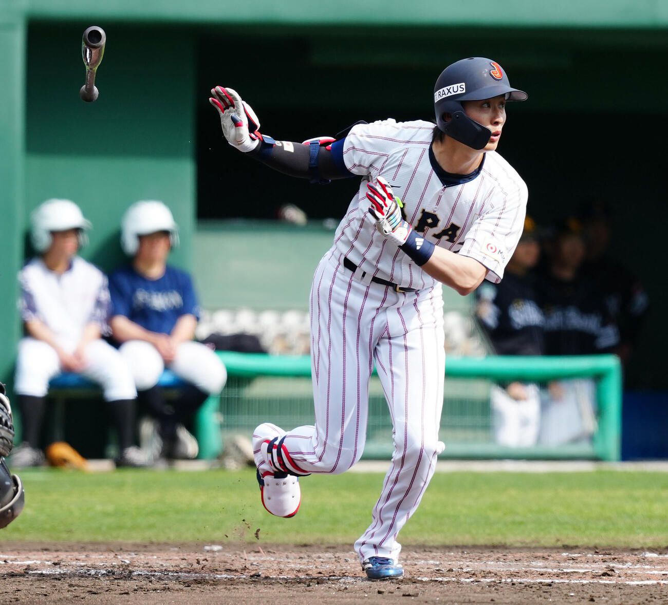 日本対ソフトバンク　2回表ソフトバンク1死一塁、中前打を放つ周東（撮影・垰建太）