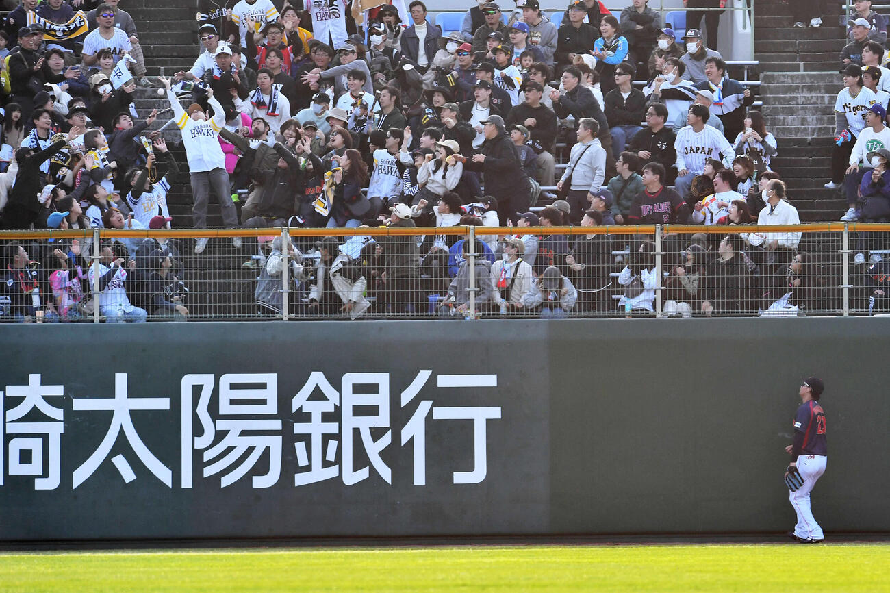 日本対ソフトバンク　8回裏ソフトバンク2死一、二塁、秋広が放った本塁打の打球を見送る右翼手の森下（撮影・岩下翔太）