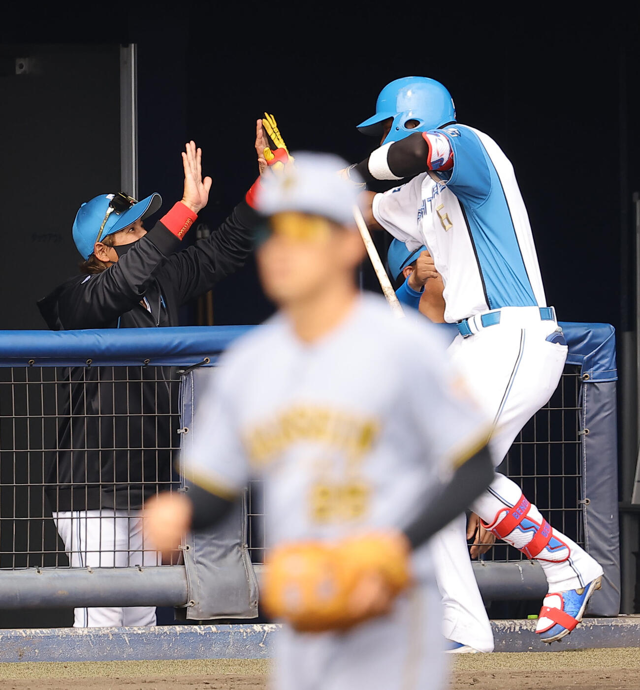 日本ハム対阪神　4回裏日本ハム2死一塁、2点本塁打を放ったカストロ（右）とハイタッチする新庄監督（撮影・上田博志）