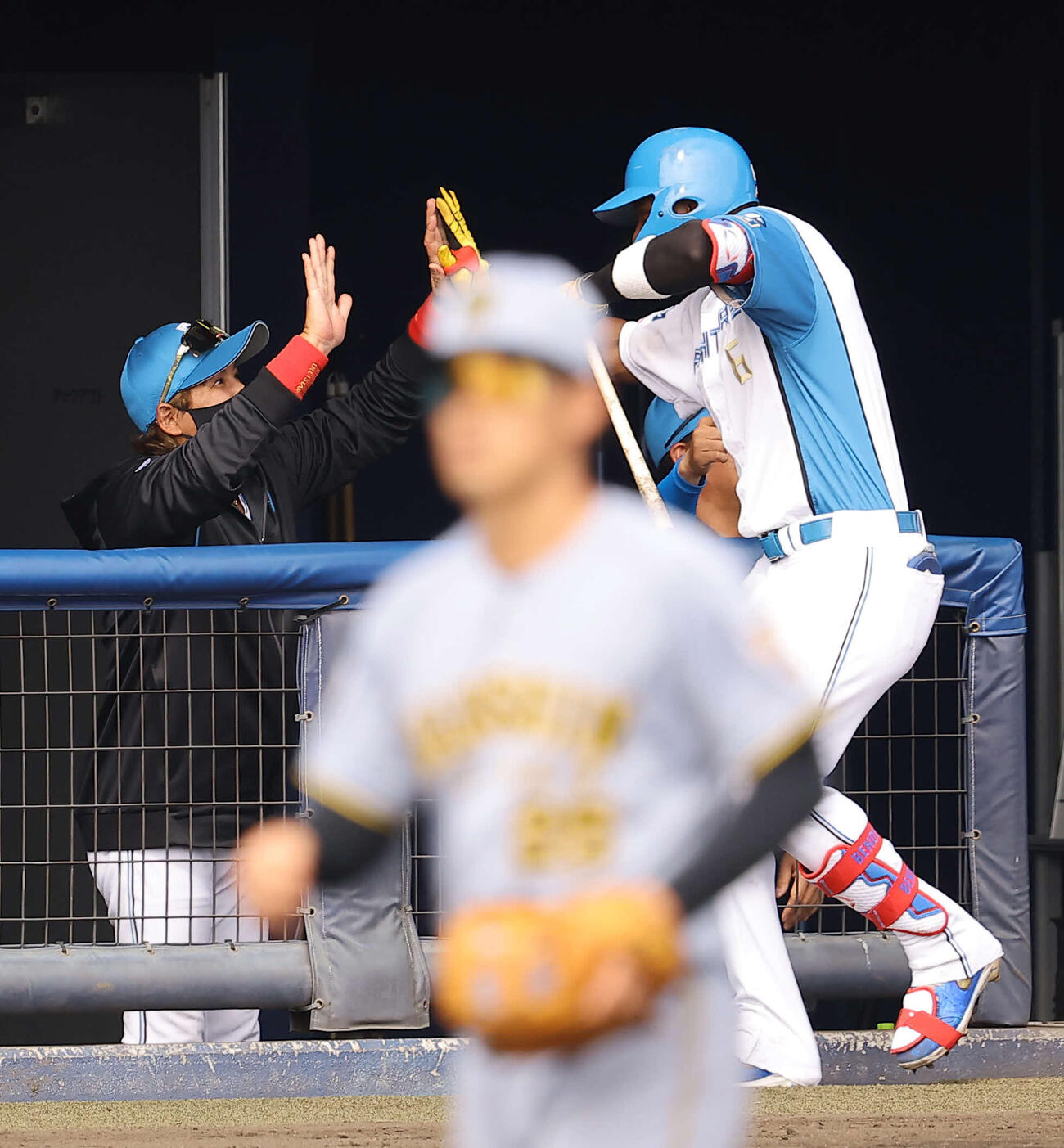 日本ハム対阪神　4回裏日本ハム2死一塁、2点本塁打を放ったカストロ（右）とハイタッチする新庄監督（撮影・上田博志）