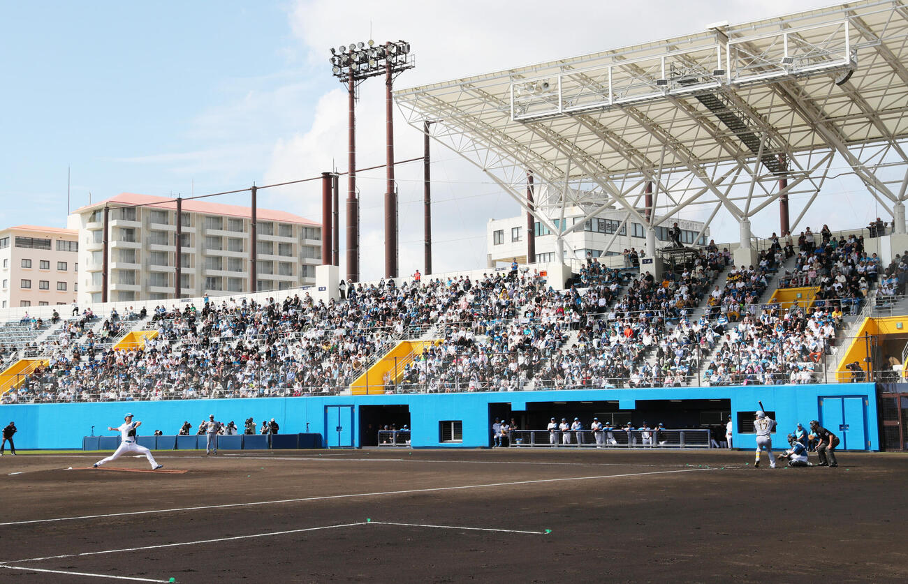 オープン戦　日本ハム対阪神　3回表阪神無死、達は伏見を相手に投球する（撮影・上山淳一）