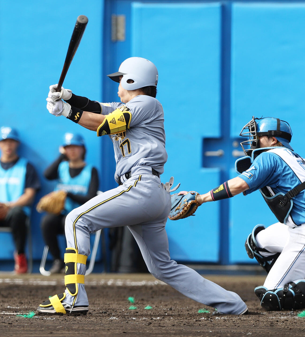 オープン戦　日本ハム対阪神　5回表阪神2死一塁、伏見は右前打を放つ（撮影・上山淳一）