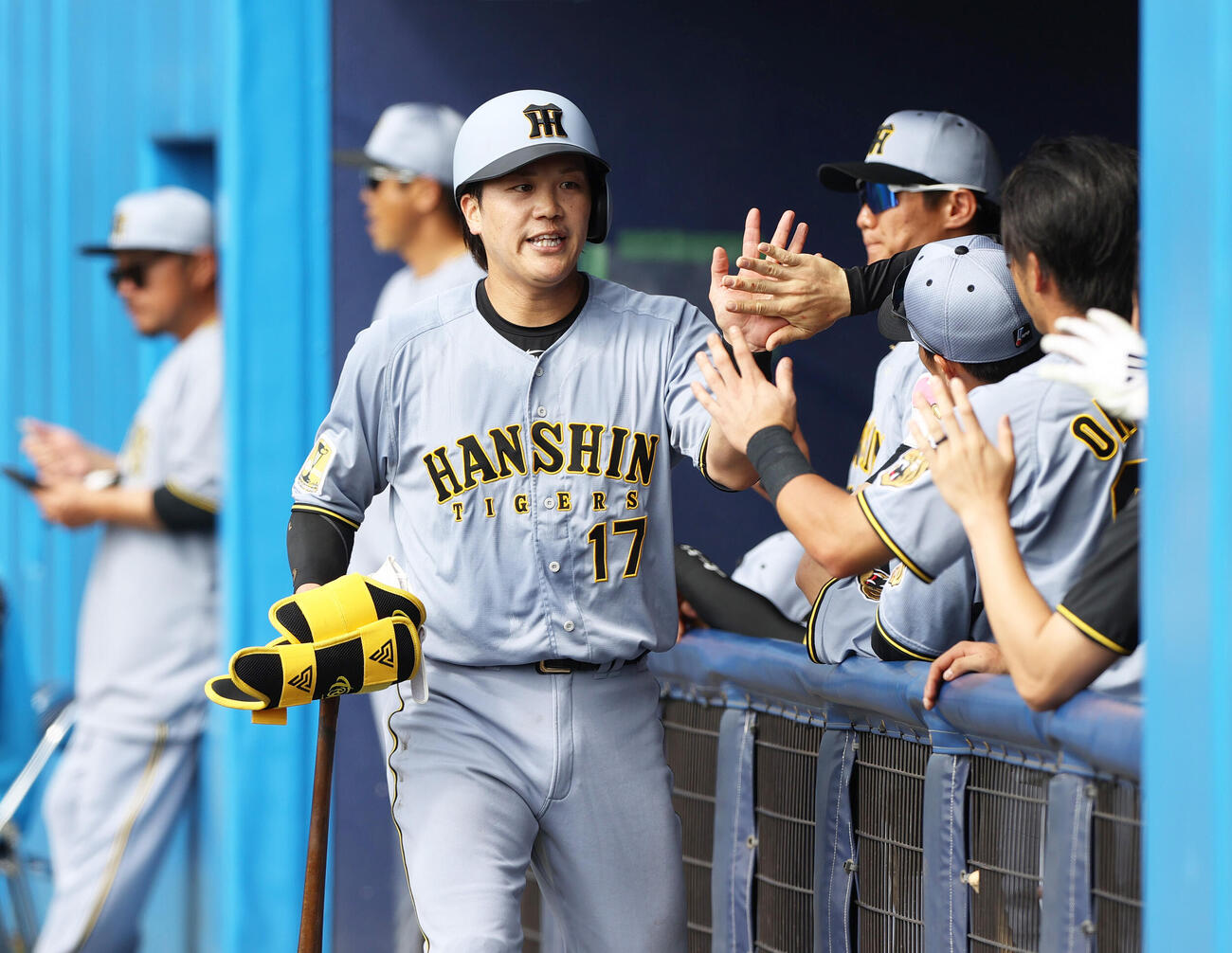 オープン戦　日本ハム対阪神　5回表阪神2死一塁、伏見は右前打を放ち交代となりベンチ前で祝福を受ける（撮影・上山淳一）