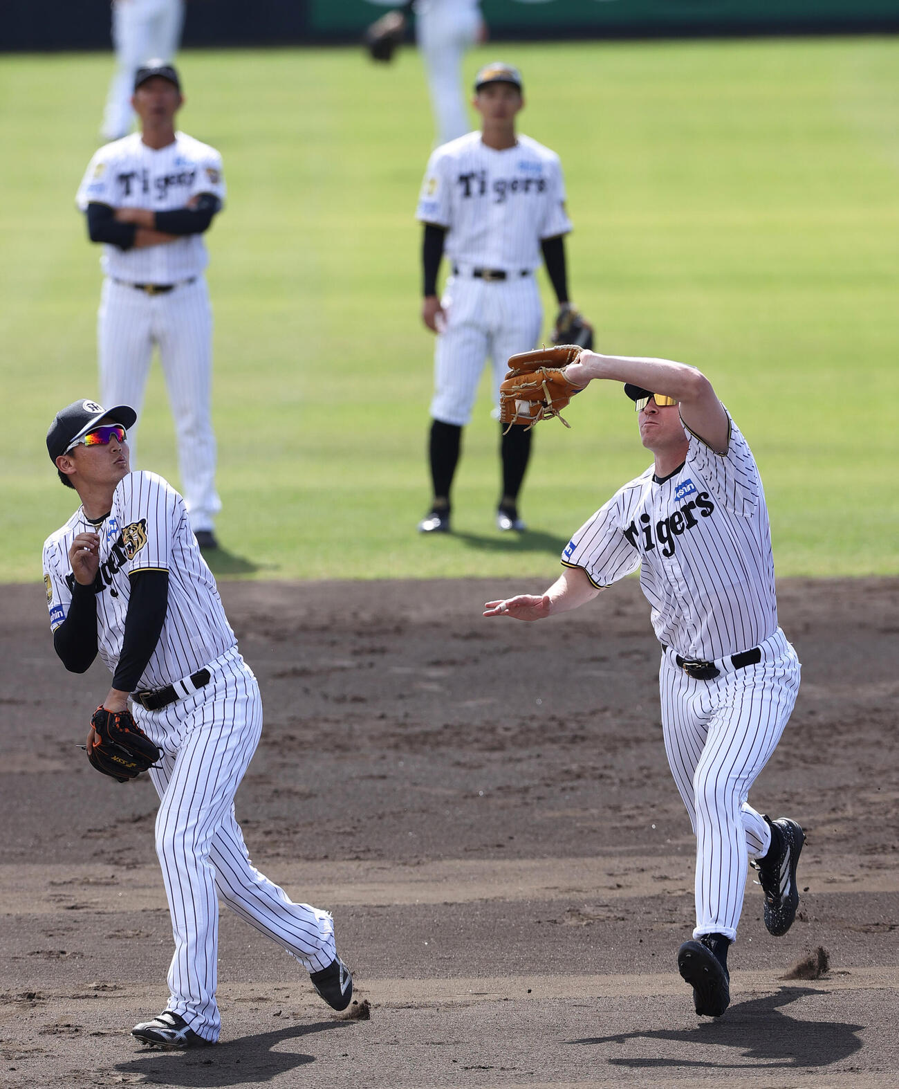 阪神遊撃手ディベイニー（右）は声を出しフライを追う。左は三塁手元山（撮影・上山淳一）