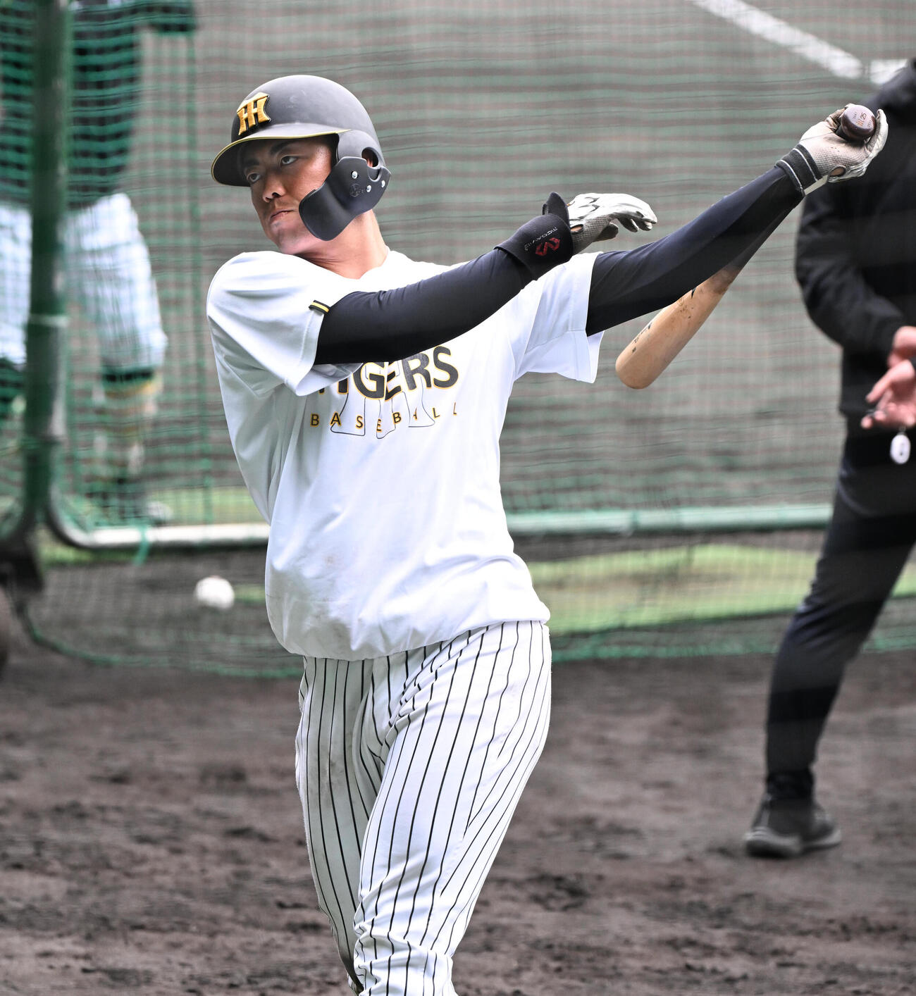 バッティング練習をする阪神谷端（撮影・石井愛子）