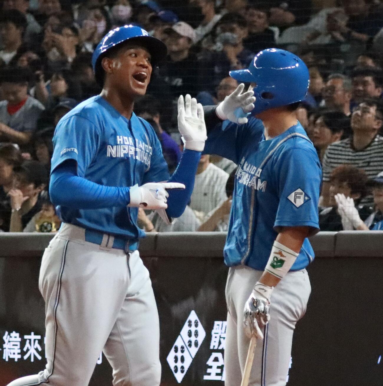 5回1死一塁、中越え2ランを放ち郡司と笑顔でハイタッチする日本ハム万波（左）（撮影・永野高輔）