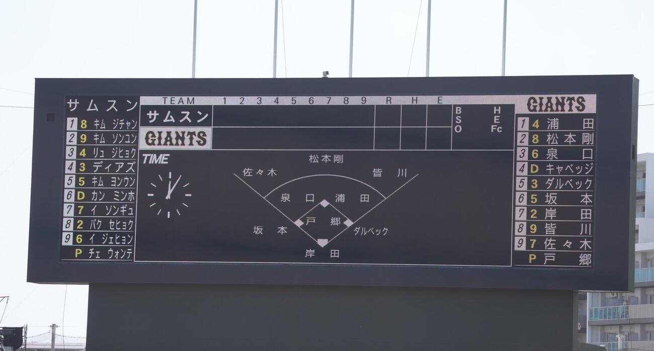 練習試合　巨人対サムスン　両チームのスタメン（撮影・足立雅史）