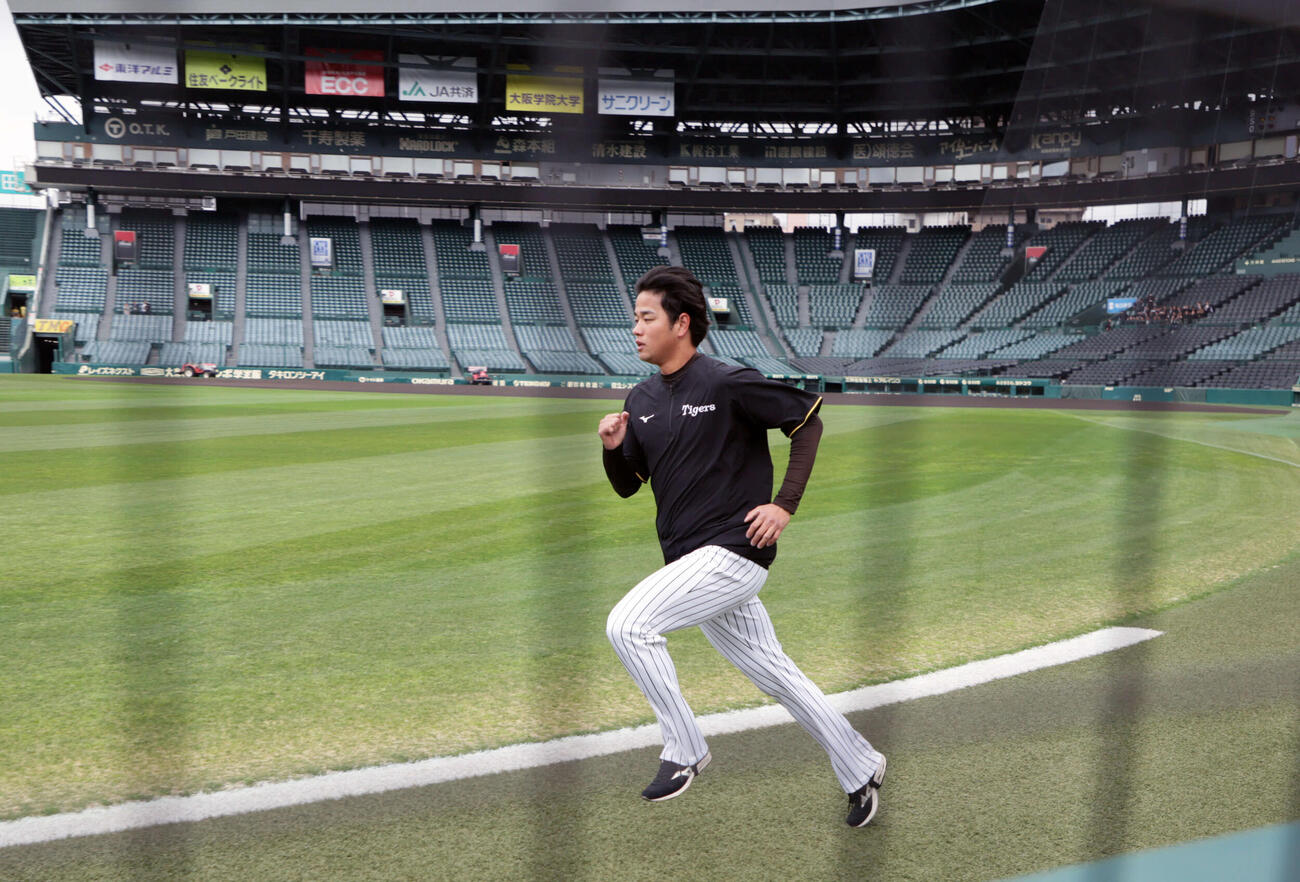 甲子園球場でランニングする阪神高橋（撮影・宮崎幸一）