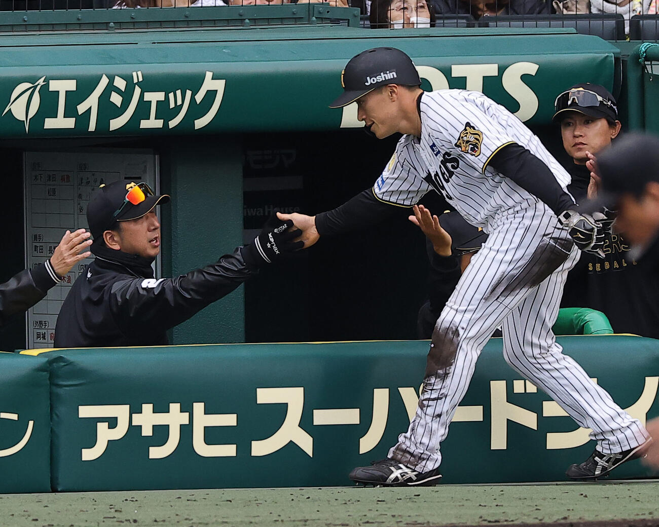 阪神対ソフトバンク　7回裏阪神1死二、三塁、元山の犠飛で生還した福島（右）を出迎える藤川監督（撮影・上田博志）