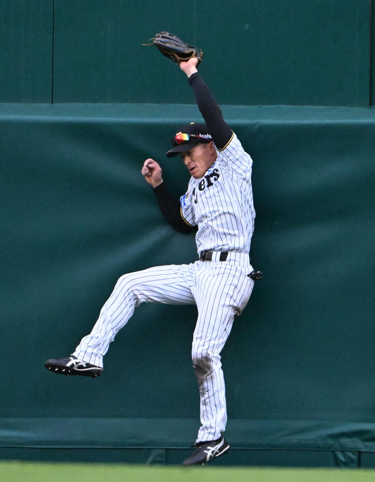 阪神対ソフトバンク　阪神7番手の木下里都9回裏ソフトバンク2死　広瀬隆の中飛を好捕する阪神福島（撮影・石井愛子）