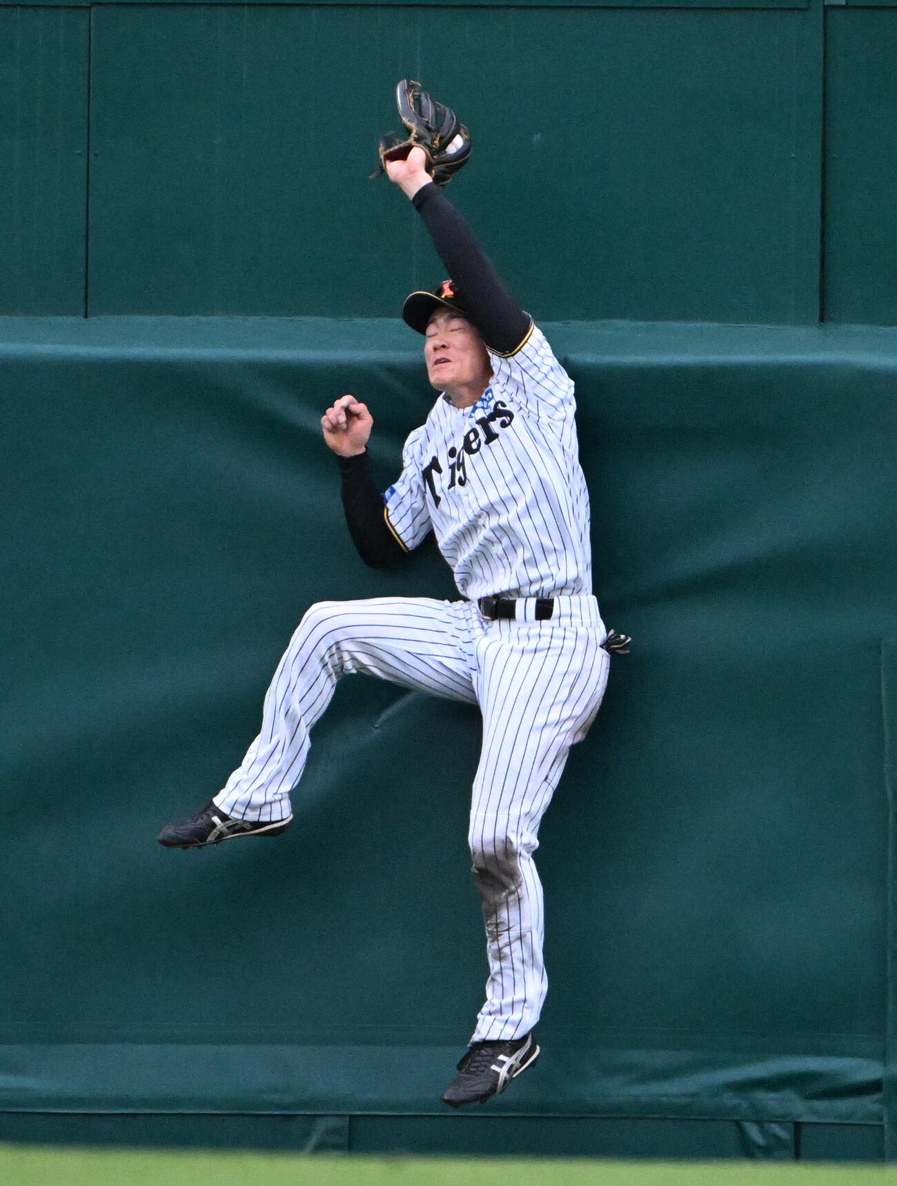 阪神対ソフトバンク　阪神7番手の木下里都9回裏ソフトバンク2死　広瀬隆の中飛を好捕する阪神福島（撮影・石井愛子）