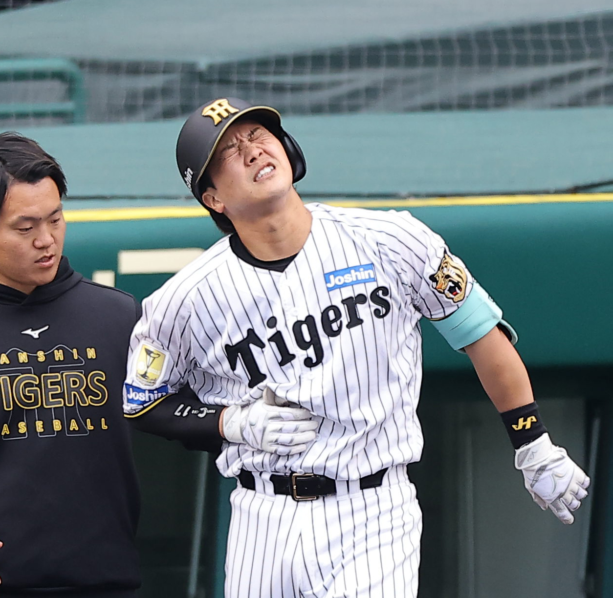 阪神対ソフトバンク　4回裏阪神1死一塁、死球を受けた伏見寅威は表情をゆがめる（撮影・上田博志）