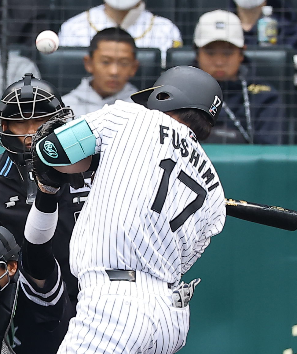 阪神対ソフトバンク　2回裏阪神1死一塁、伏見は死球を受ける（撮影・上田博志）