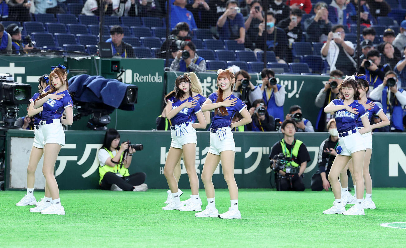 チェコ対台湾　試合前、グランドパフォーマンスを見せる台湾チアの「CT AMAZE」（撮影・鈴木正人）　