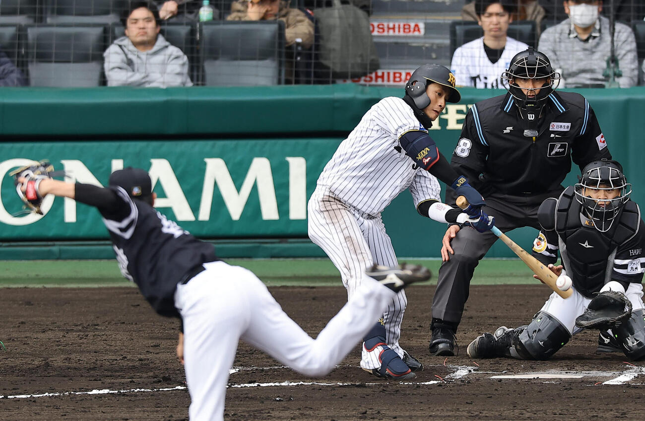 阪神対ソフトバンク　6回裏阪神1死一塁、木浪は左前打を放つ（撮影・上田博志）
