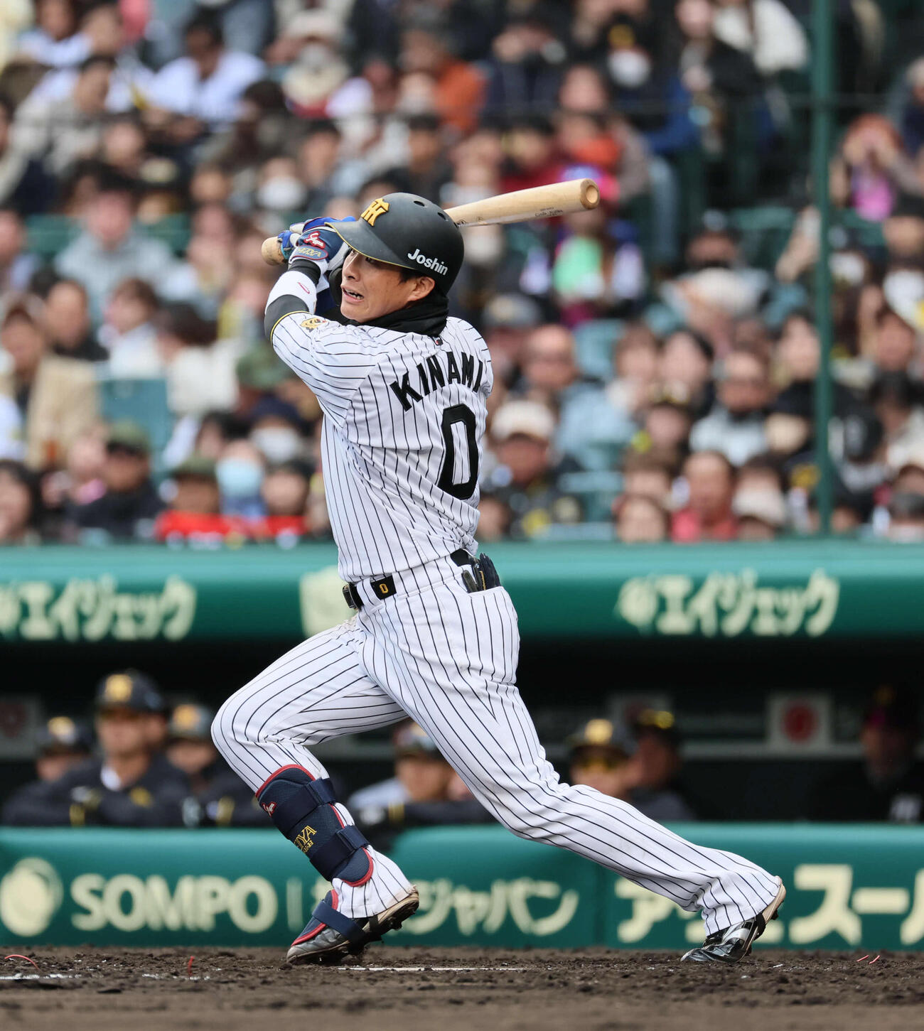 阪神対ソフトバンク　4回裏阪神1死、木浪は左前打を放つ（撮影・宮崎幸一）