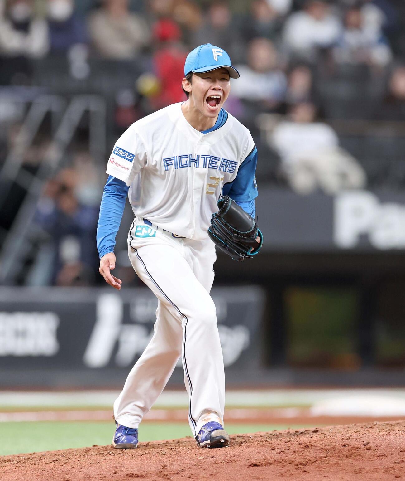 日本ハム対ロッテ　8回表ロッテ2死、山本を三振にとり叫ぶ大川（撮影・黒川智章）