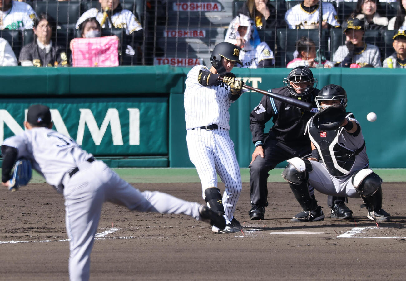 阪神対巨人　6回裏阪神無死、中野は左前打を放つ（撮影・上田博志）