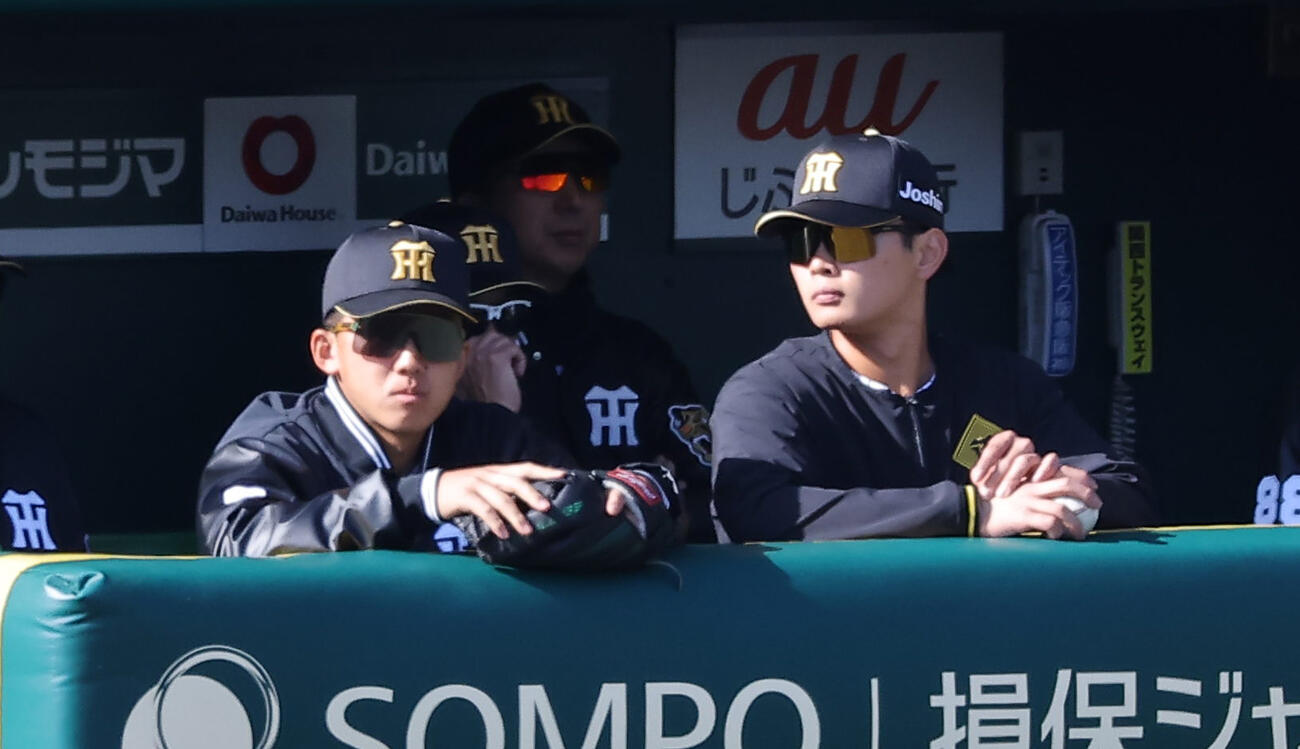 阪神対巨人　立石（左）はベンチで試合を見る（撮影・上田博志）