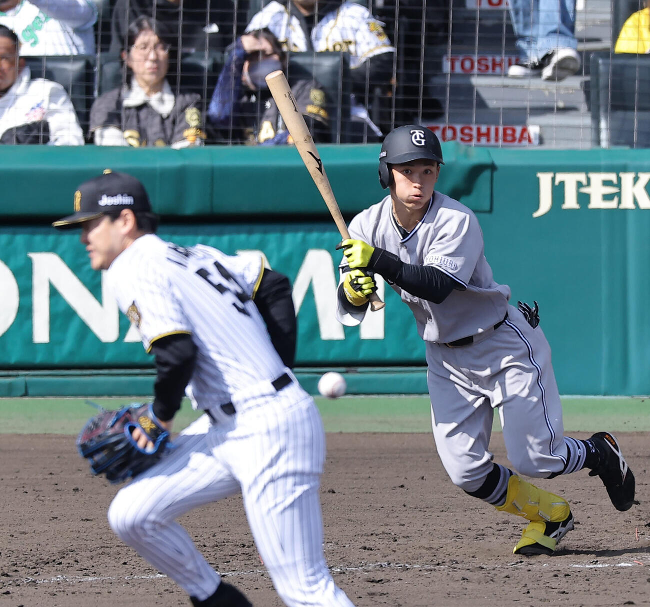 阪神対巨人　5回表巨人1死一塁、浦田は投直安打を放つ（撮影・上田博志）