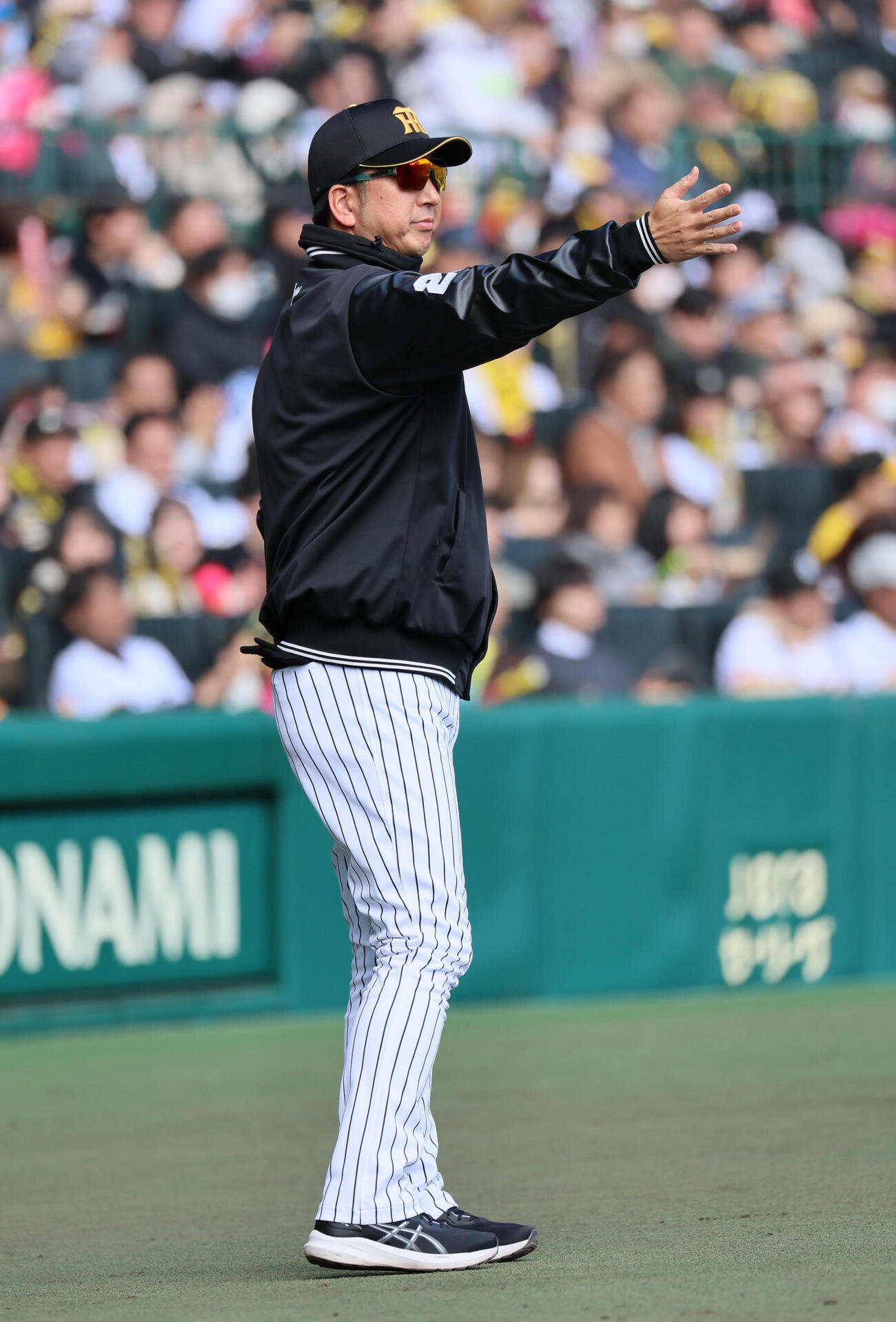 阪神対巨人　交代を告げる藤川監督（撮影・宮崎幸一）