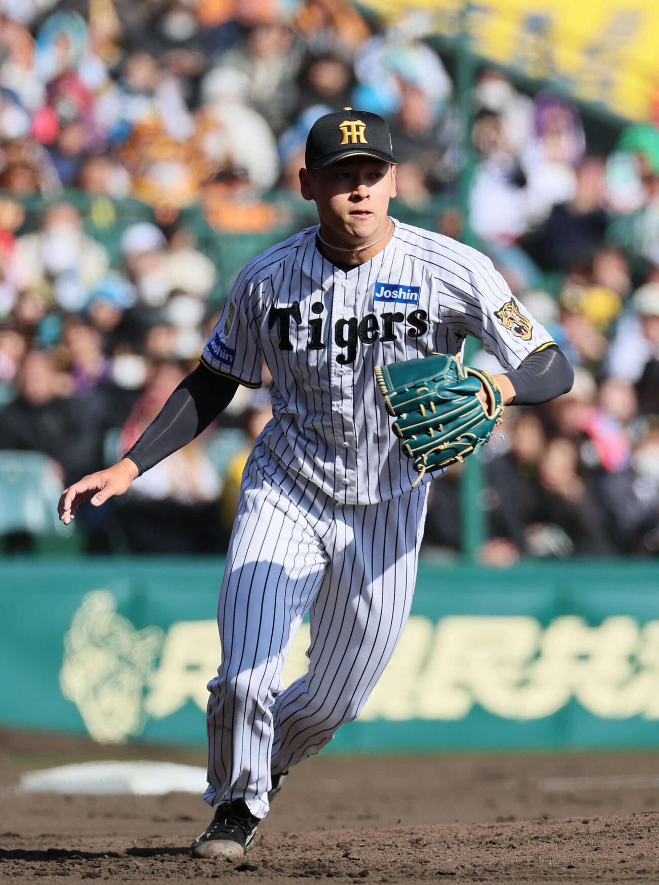 阪神対巨人　7回表巨人2死、阪神早川は浦田の一ゴロのカバーに走る（撮影・宮崎幸一）