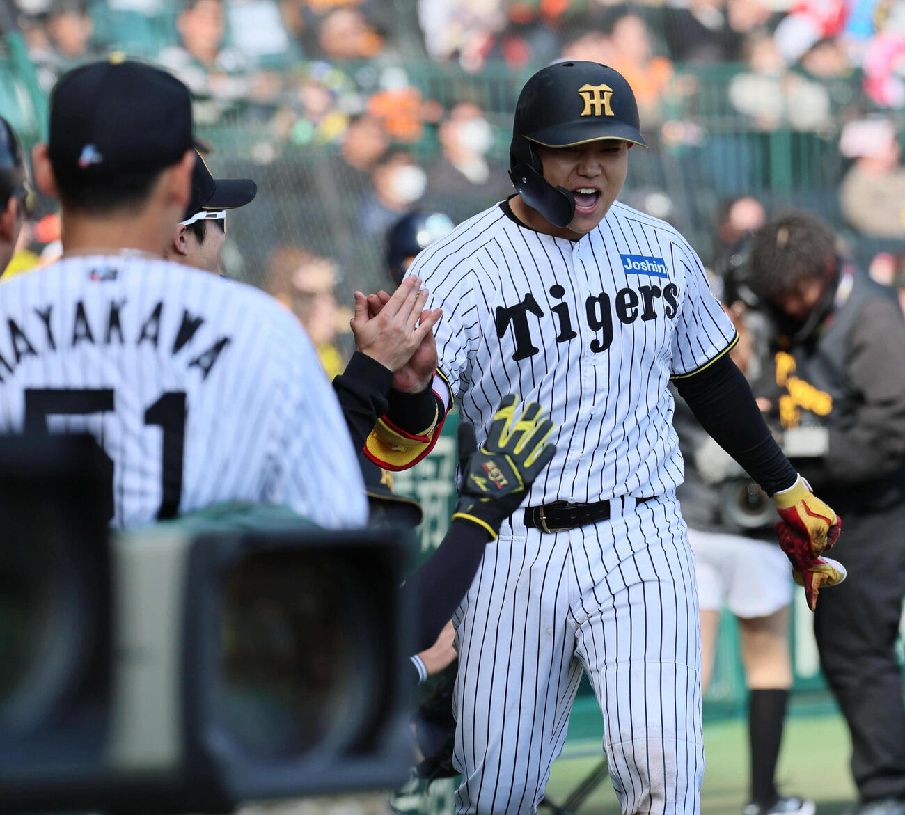 阪神対巨人　8回裏阪神1死、嶋村は右越え本塁打を放ち、ナインに迎えられる（撮影・宮崎幸一）