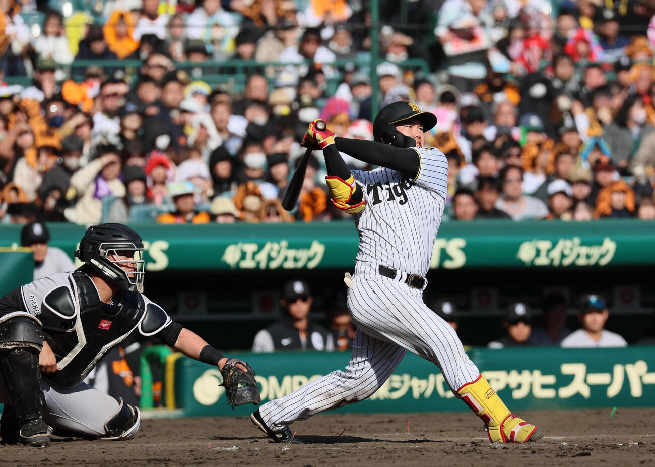 阪神対巨人　8回裏阪神1死、嶋村は右越え本塁打を放つ（撮影・宮崎幸一）