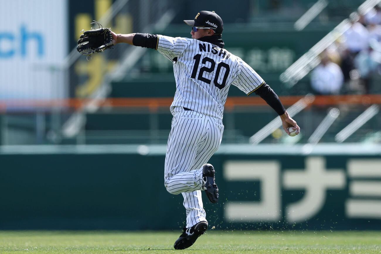阪神対西武　試合前、右翼でシートノックを受ける阪神西純（撮影・前田充）